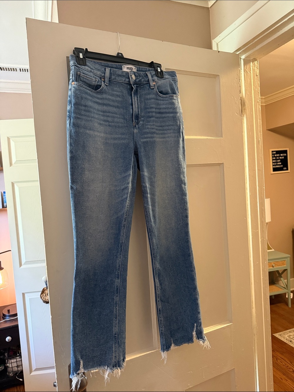 PAIGE Medium Blue Straight Leg Jeans with Frayed Hem